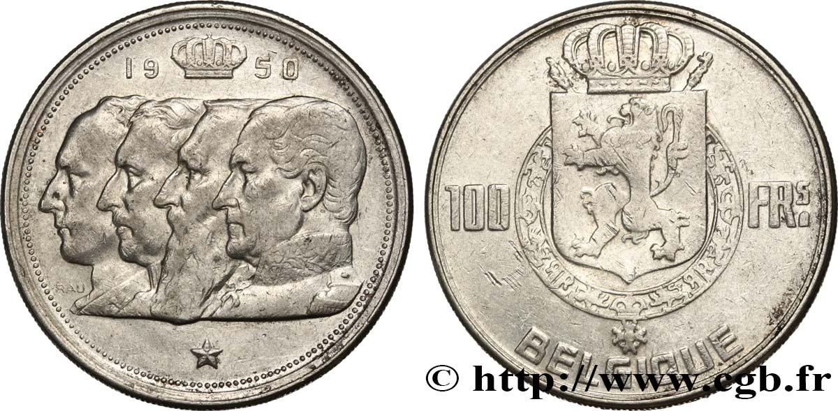 BELGIQUE 100 Francs portraits des quatre rois de Belgique, légende française 1950  TTB 