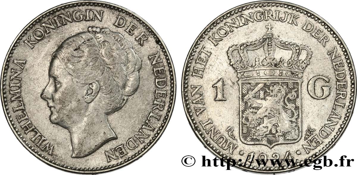 NETHERLANDS 1 Gulden Wilhelmina 1924  XF 