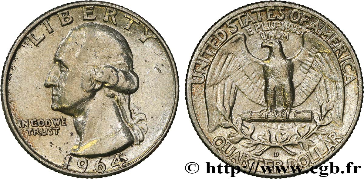ÉTATS-UNIS D AMÉRIQUE 1/4 Dollar Georges Washington 1964 Denver TTB 