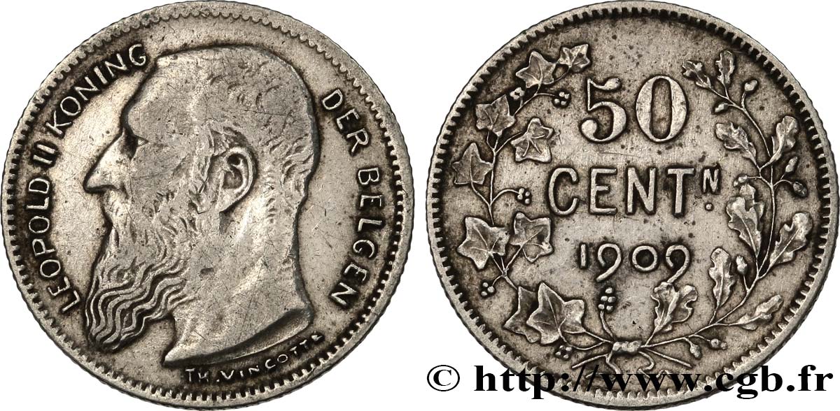 BELGIQUE 50 Centiemen (Centimes) Léopold II légende en flamand 1909  TB+ 