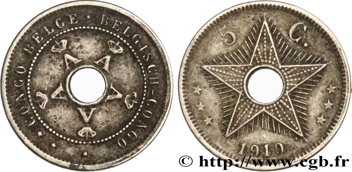 CONGO BELGA 5 Centimes monogrammes du roi Albert 1919 Heaton BB 