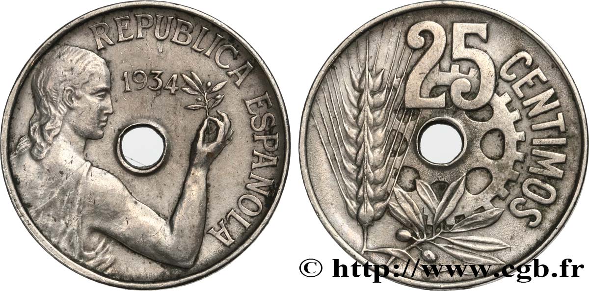 ESPAGNE 25 Centimos monnayage républicain 1934  TTB+ 