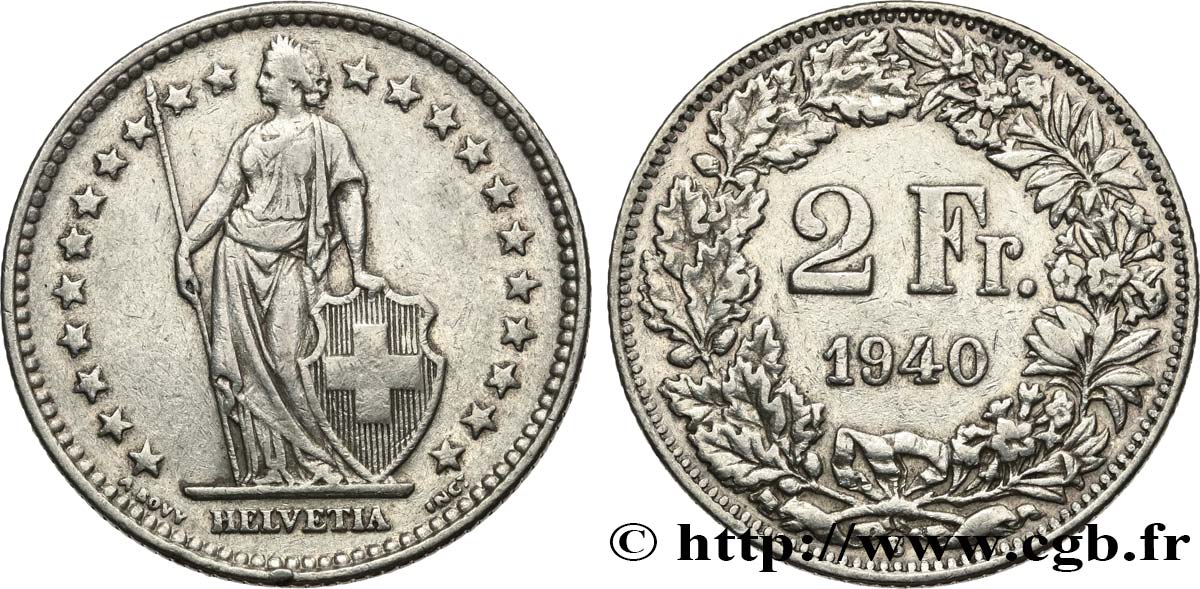 SWITZERLAND 2 Francs Helvetia 1940 Berne  XF 