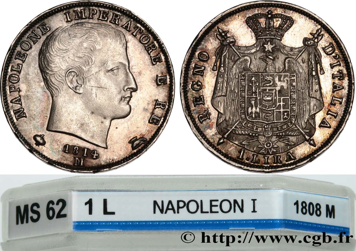 ITALY - KINGDOM OF ITALY - NAPOLEON I 1 Lire 1814 Milan MS62 GENI