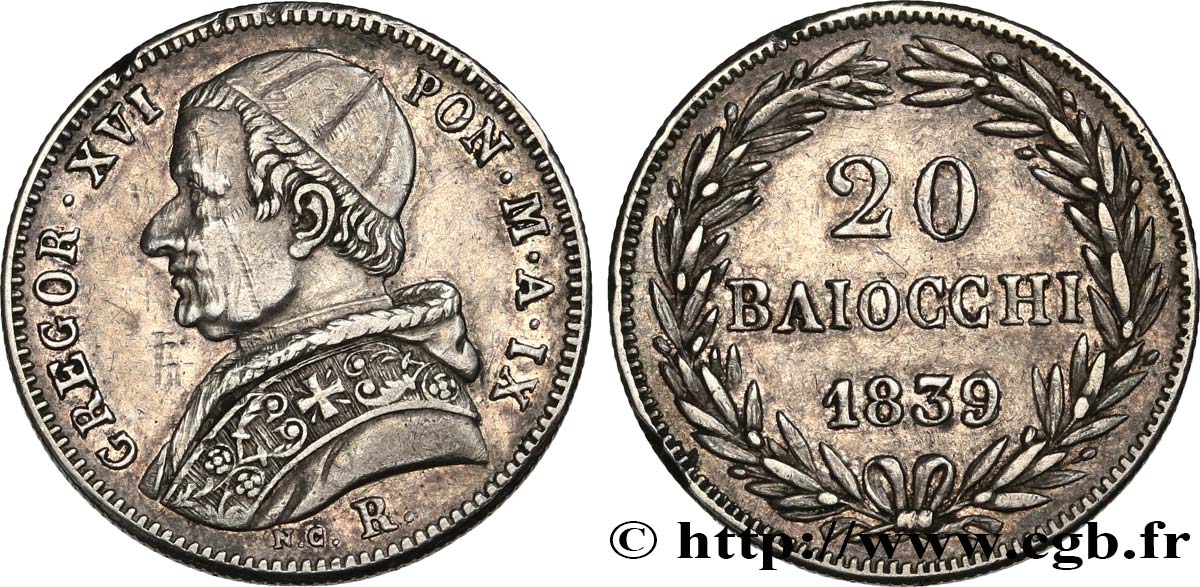 ITALY - PAPAL STATES - GREGORY XVI (Bartolomeo Alberto Cappellari) 20 Baiocchi an IX 1839 Rome XF 