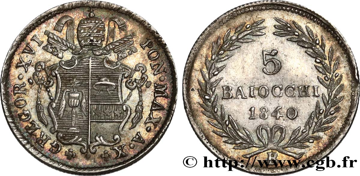 ITALIA - ESTADOS PONTIFICOS - GRÉGOIRE XVI 5 Baiocchi an X 1840 Bologne EBC 