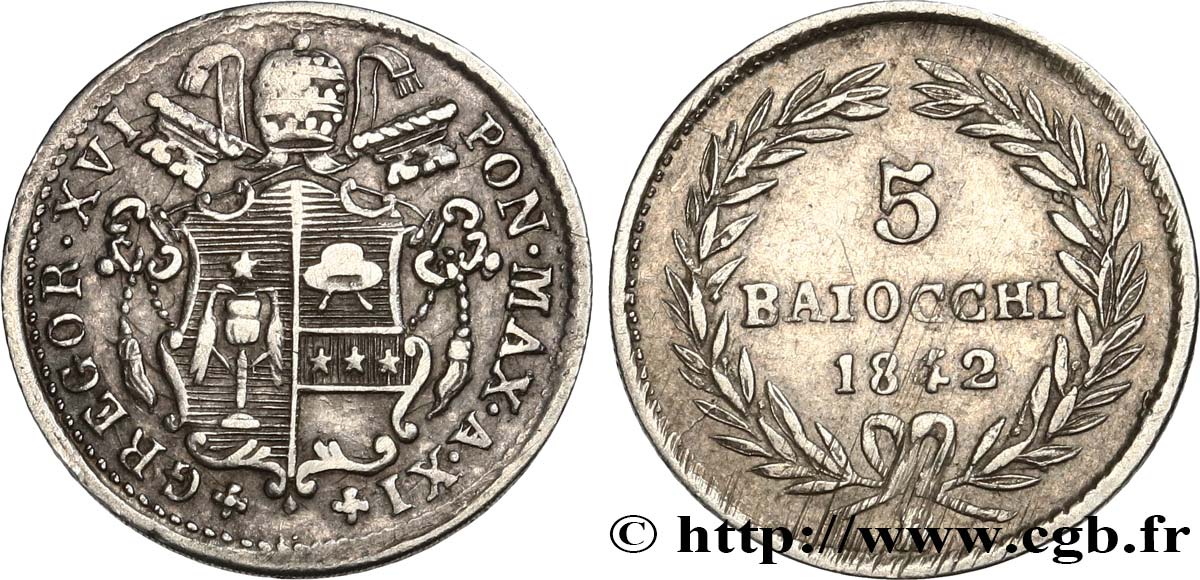 ITALY - PAPAL STATES - GREGORY XVI (Bartolomeo Alberto Cappellari) 5 Baiocchi an XI 1842 Bologne XF 