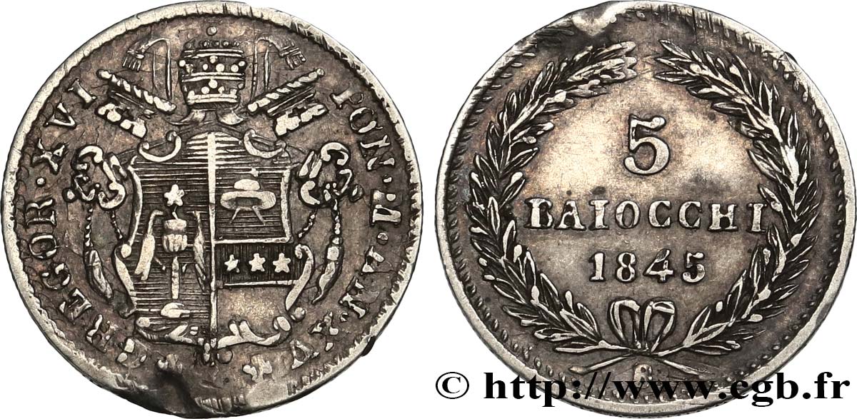 ITALIA - STATO PONTIFICIO - GRÉGOIRE XVI (Bartolomeo Alberto Cappellari) 5 Baiocchi an XV 1845 Bologne BB 