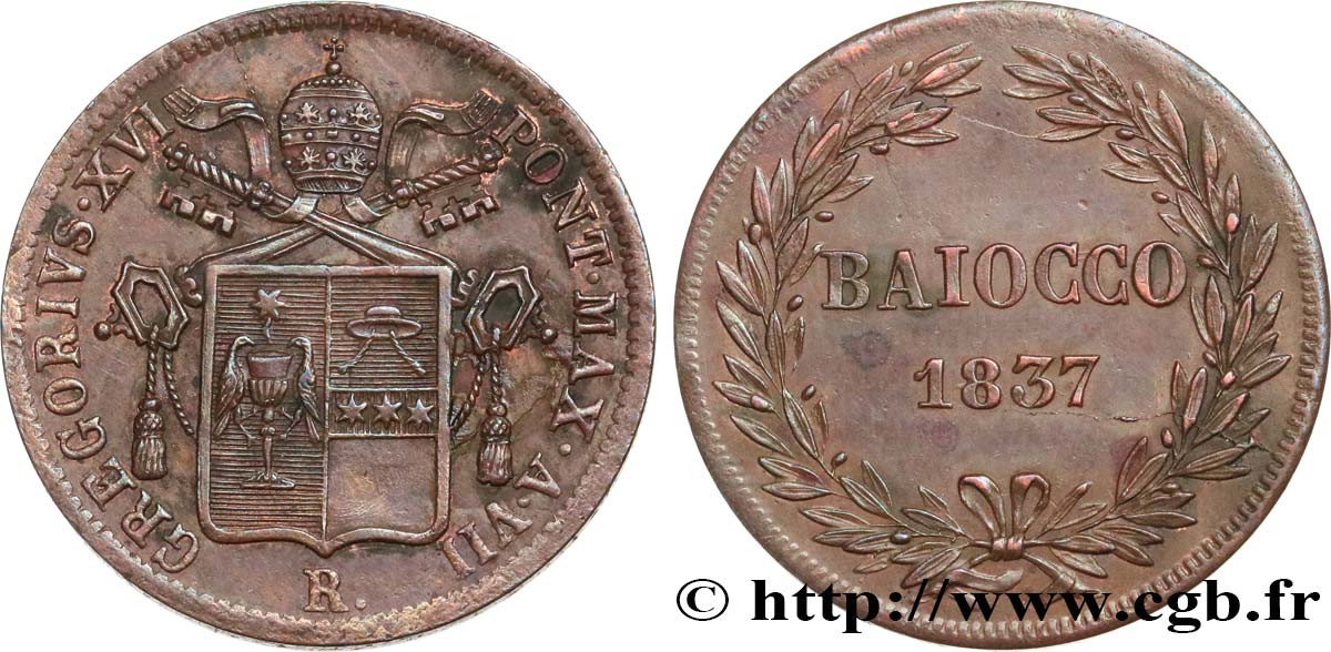 ITALY - PAPAL STATES - GREGORY XVI (Bartolomeo Alberto Cappellari) 1 Baiocco Grégoire XVI an VII 1837 Rome AU 