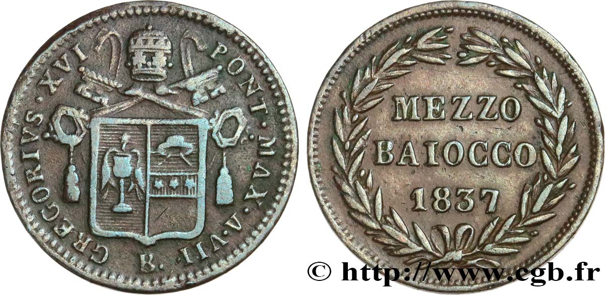ITALY - PAPAL STATES - GREGORY XVI (Bartolomeo Alberto Cappellari) 1/2 (Mezzo) Baiocco an VII 1837 Bologne VF 