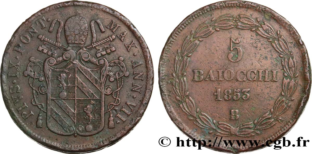 VATICAN - PIUS IX (Giovanni Maria Mastai Ferretti) 5 Baiocchi an VII 1853 Bologne VF 