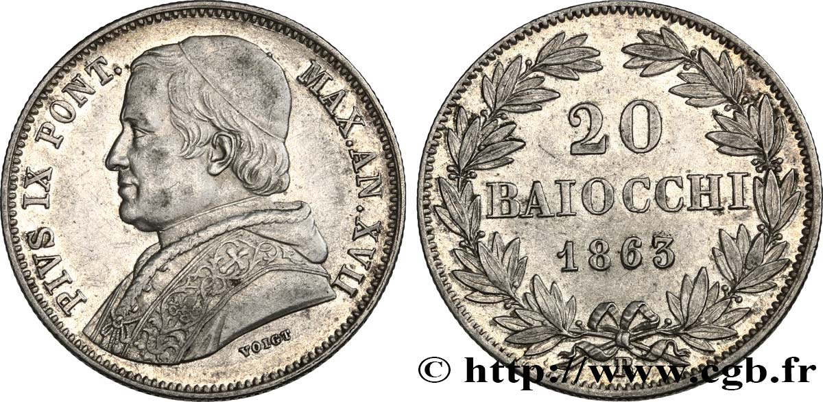ITALIE - ÉTATS DU PAPE - PIE IX (Jean-Marie Mastai Ferretti) 20 Baiocchi an XVII 1863 Rome TTB+ 