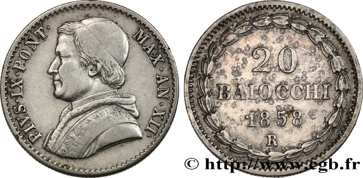 ITALY - PAPAL STATES - PIUS IX (Giovanni Maria Mastai Ferretti) 20 Baiocchi an XII 1858 Rome XF 