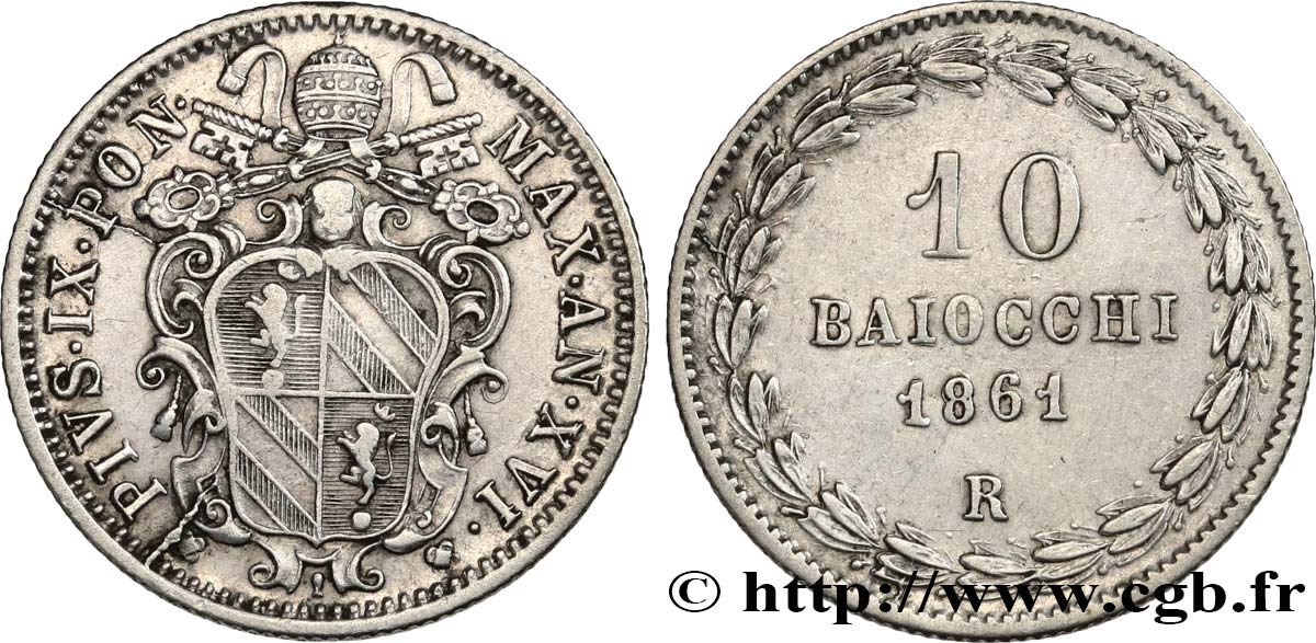 ITALY - PAPAL STATES - PIUS IX (Giovanni Maria Mastai Ferretti) 10 Baiocchi an XVI 1861 Rome XF 