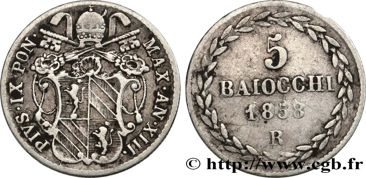 ITALIE - ÉTATS DU PAPE - PIE IX (Jean-Marie Mastai Ferretti) 5 Baiocchi an XIII 1858 Rome TB+ 