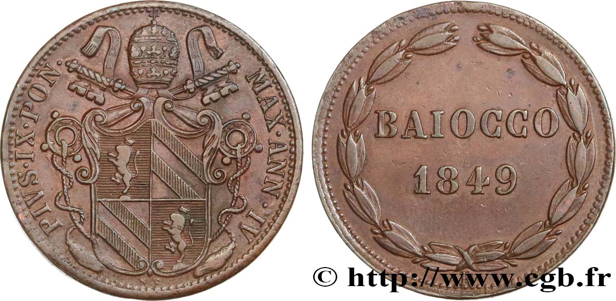 ITALY - PAPAL STATES - PIUS IX (Giovanni Maria Mastai Ferretti) 1 Baiocco an IV 1849 Rome AU 