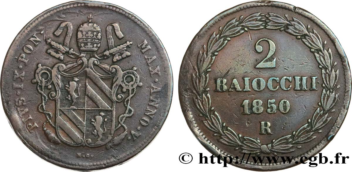 ITALY - PAPAL STATES - PIUS IX (Giovanni Maria Mastai Ferretti) 2 Baiocchi Pie IX an V 1850 Rome VF 