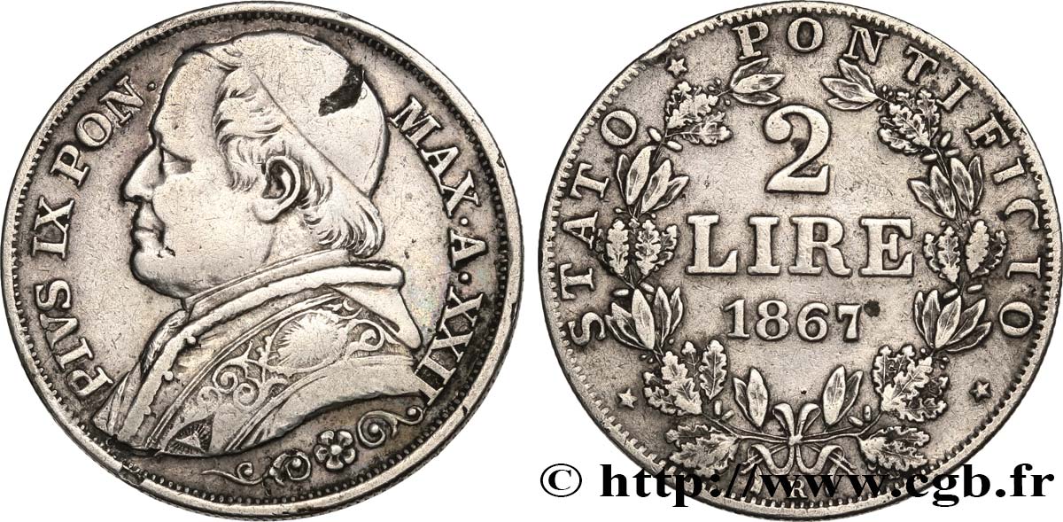ITALY - PAPAL STATES - PIUS IX (Giovanni Maria Mastai Ferretti) 2 Lire an XXII 1867 Rome XF 