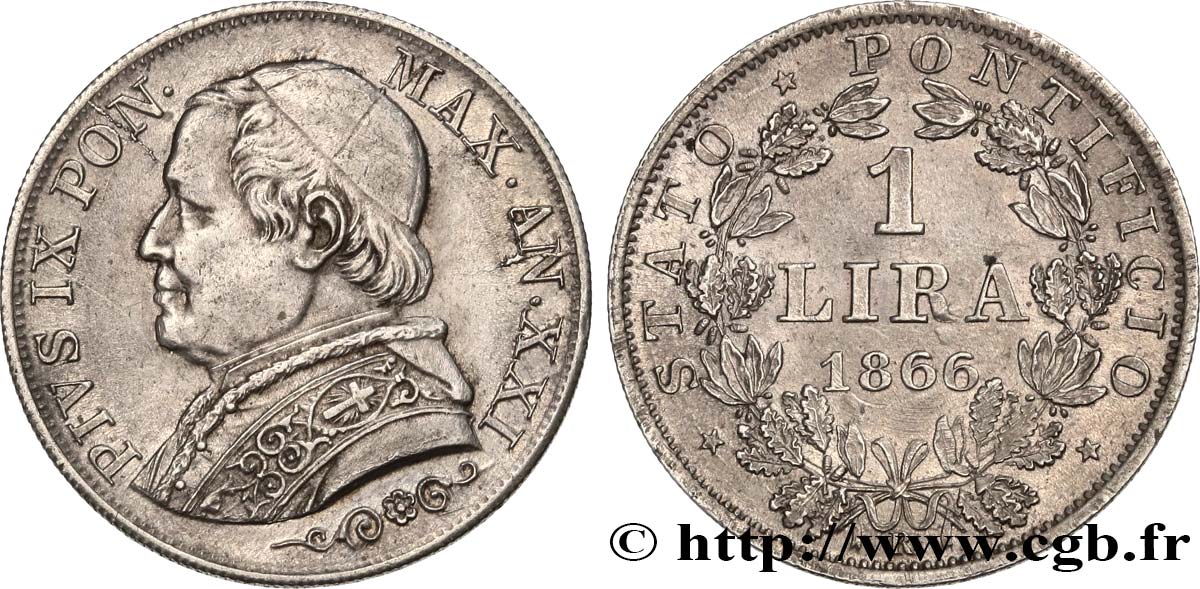 VATICAN - PIUS IX (Giovanni Maria Mastai Ferretti) 1 Lira type grand buste an XXI 1866 Rome AU 