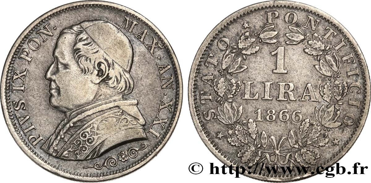 ITALY - PAPAL STATES - PIUS IX (Giovanni Maria Mastai Ferretti) 1 Lira type moyen buste an XXI 1866 Rome XF 