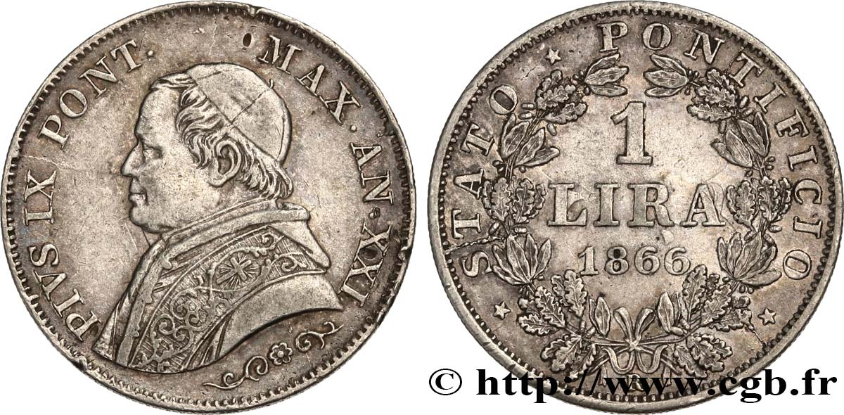 ITALIA - STATO PONTIFICIO - PIE IX (Giovanni Maria Mastai Ferretti) 1 Lira type petit buste an XXI 1866 Rome BB 