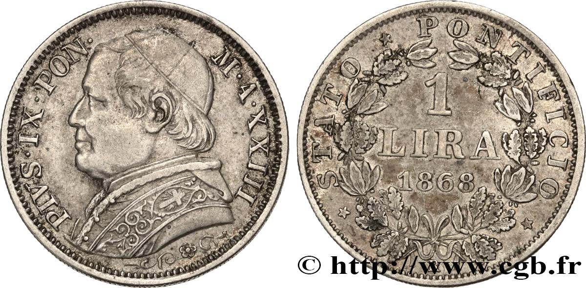 ITALY - PAPAL STATES - PIUS IX (Giovanni Maria Mastai Ferretti) 1 Lira an XXIII 1868 Rome XF/AU 