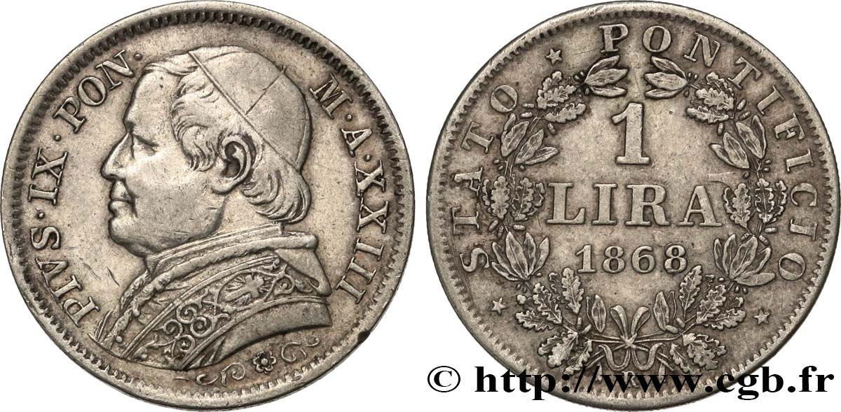 VATICAN - PIUS IX (Giovanni Maria Mastai Ferretti) 1 Lira an XXIII 1868 Rome XF/AU 