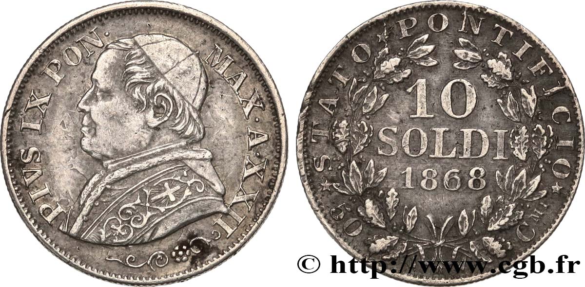 ITALY - PAPAL STATES - PIUS IX (Giovanni Maria Mastai Ferretti) 10 Soldi (50 Centesimi) an XXII 1868 Rome AU 