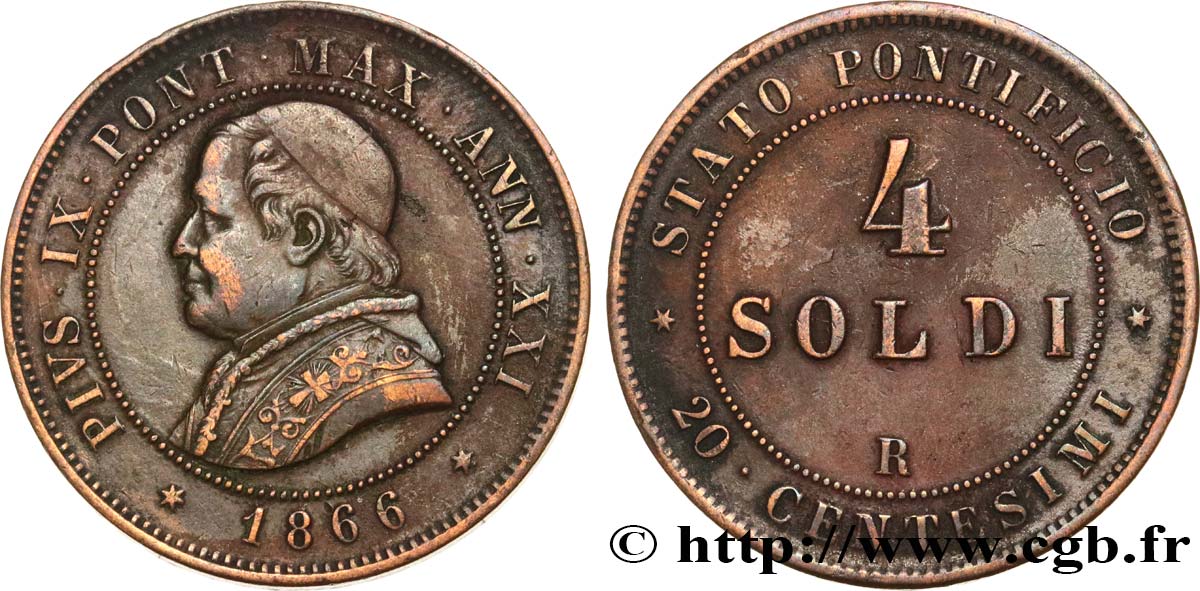 ITALY - PAPAL STATES - PIUS IX (Giovanni Maria Mastai Ferretti) 4 Soldi (20 Centesimi) an XXI 1866 Rome XF 