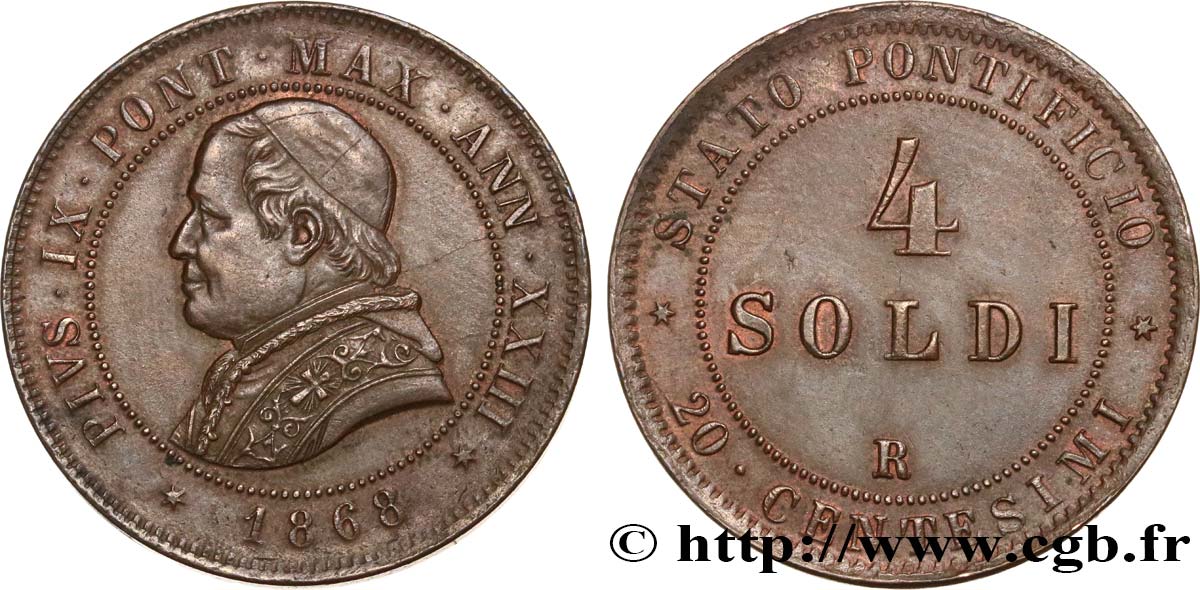 ITALY - PAPAL STATES - PIUS IX (Giovanni Maria Mastai Ferretti) 4 Soldi (20 Centesimi) an XXIII 1868 Rome AU 