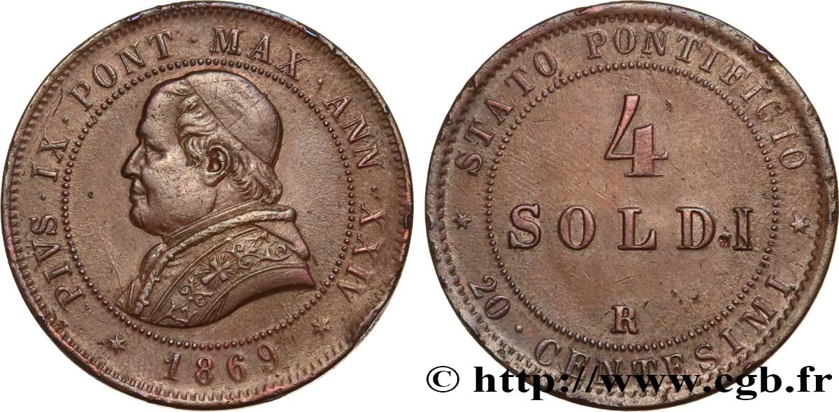 ITALIEN - KIRCHENSTAAT - PIE IX. Giovanni Maria Mastai Ferretti) 4 Soldi (20 Centesimi) an XXIV 1869 Rome SS 