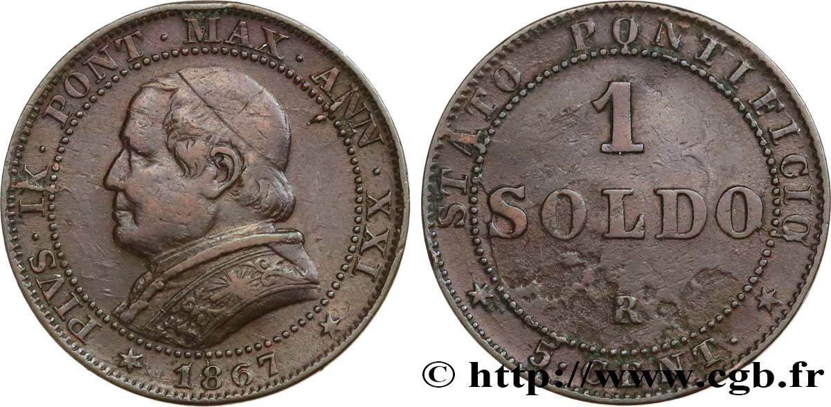 ITALY - PAPAL STATES - PIUS IX (Giovanni Maria Mastai Ferretti) 1 Soldo an XXI buste large 1867 Rome VF 