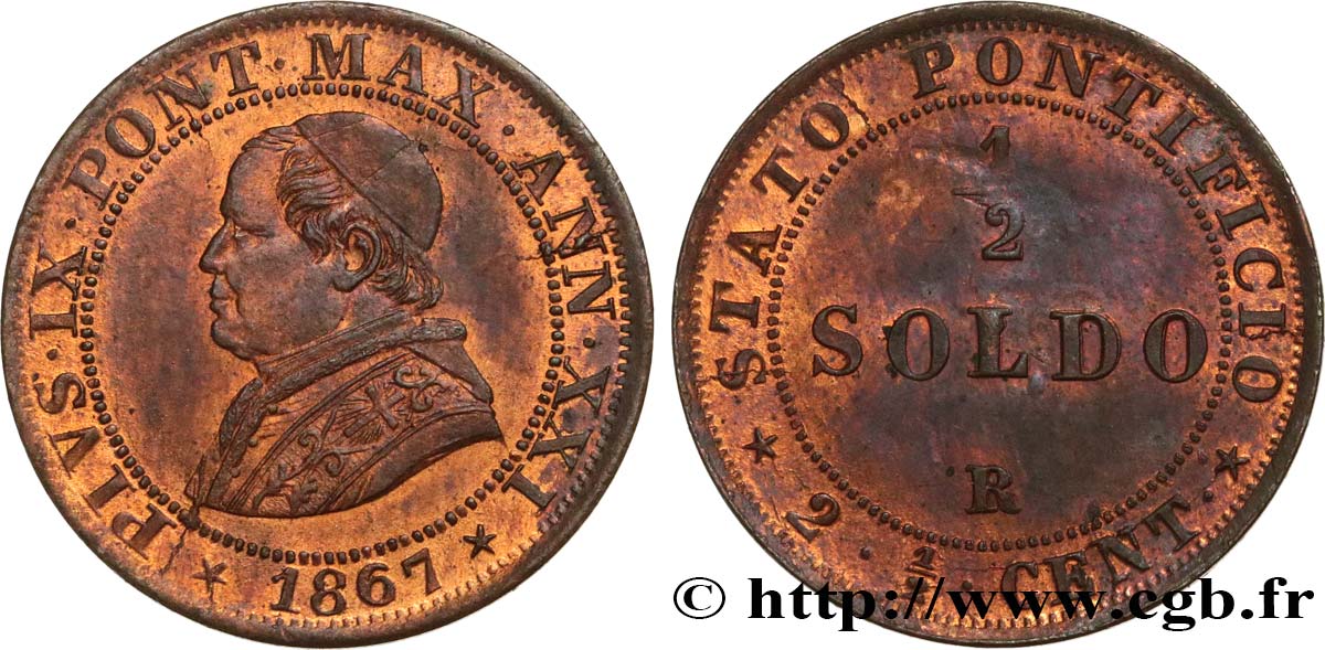 ITALY - PAPAL STATES - PIUS IX (Giovanni Maria Mastai Ferretti) 1/2 Soldo (2 1/2 centesimi) an XXI 1867 Rome AU 
