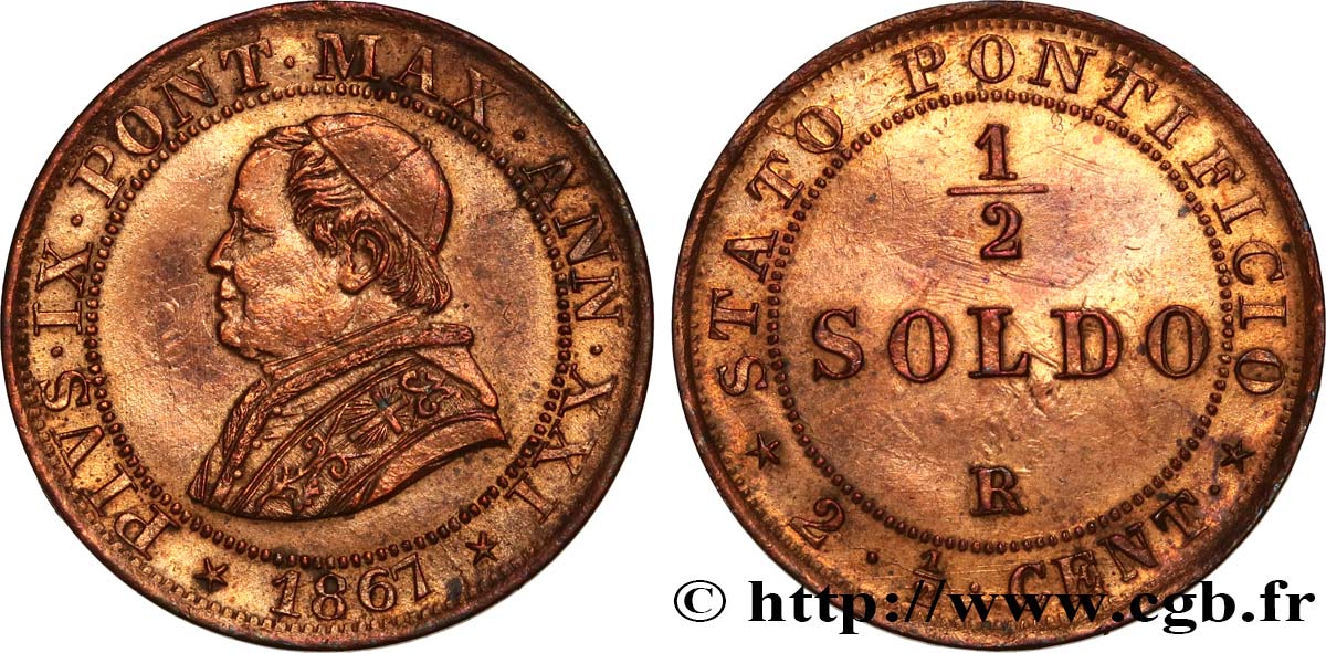 ITALY - PAPAL STATES - PIUS IX (Giovanni Maria Mastai Ferretti) 1/2 Soldo (2 1/2 centesimi) an XXI 1867 Rome XF 