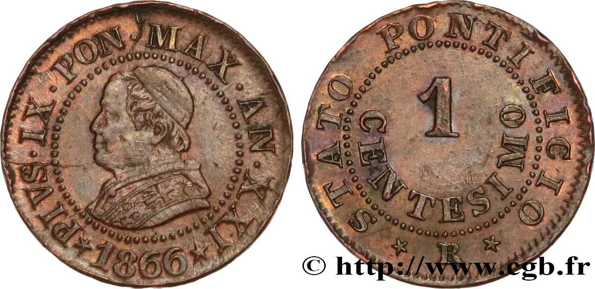 ITALY - PAPAL STATES - PIUS IX (Giovanni Maria Mastai Ferretti) 1 Centesimo an XXI 1866 Rome XF 