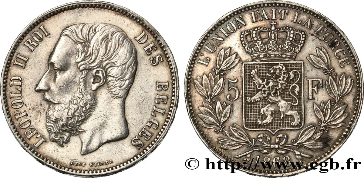 BELGIUM 5 Francs Léopold II 1868  XF 