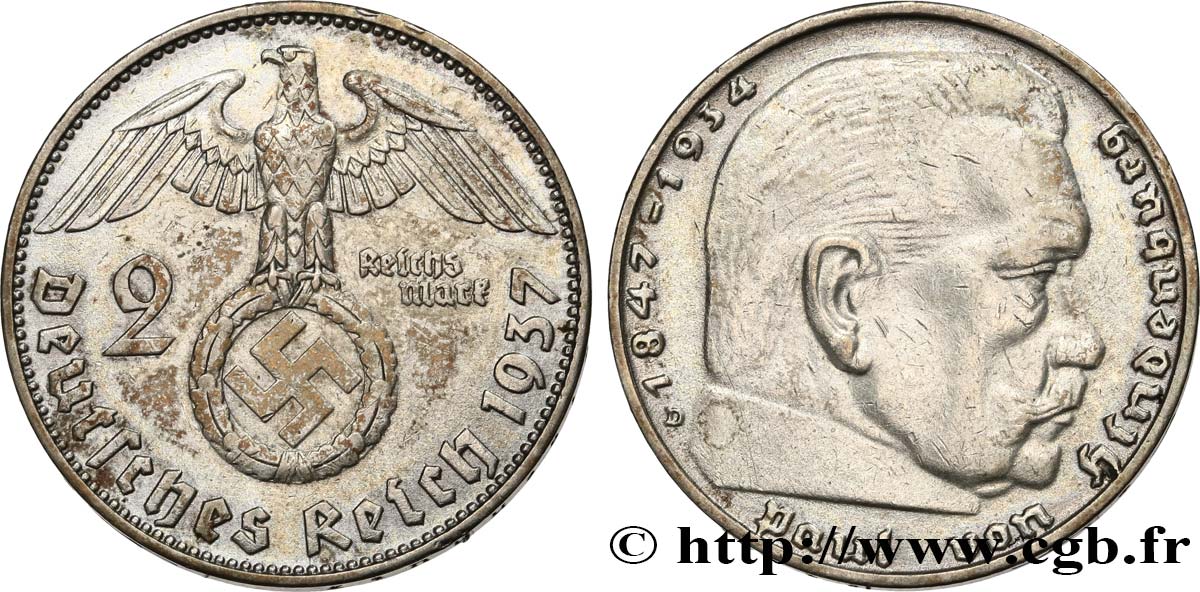 GERMANY 2 Reichsmark Maréchal Paul von Hindenburg 1937 Munich XF 