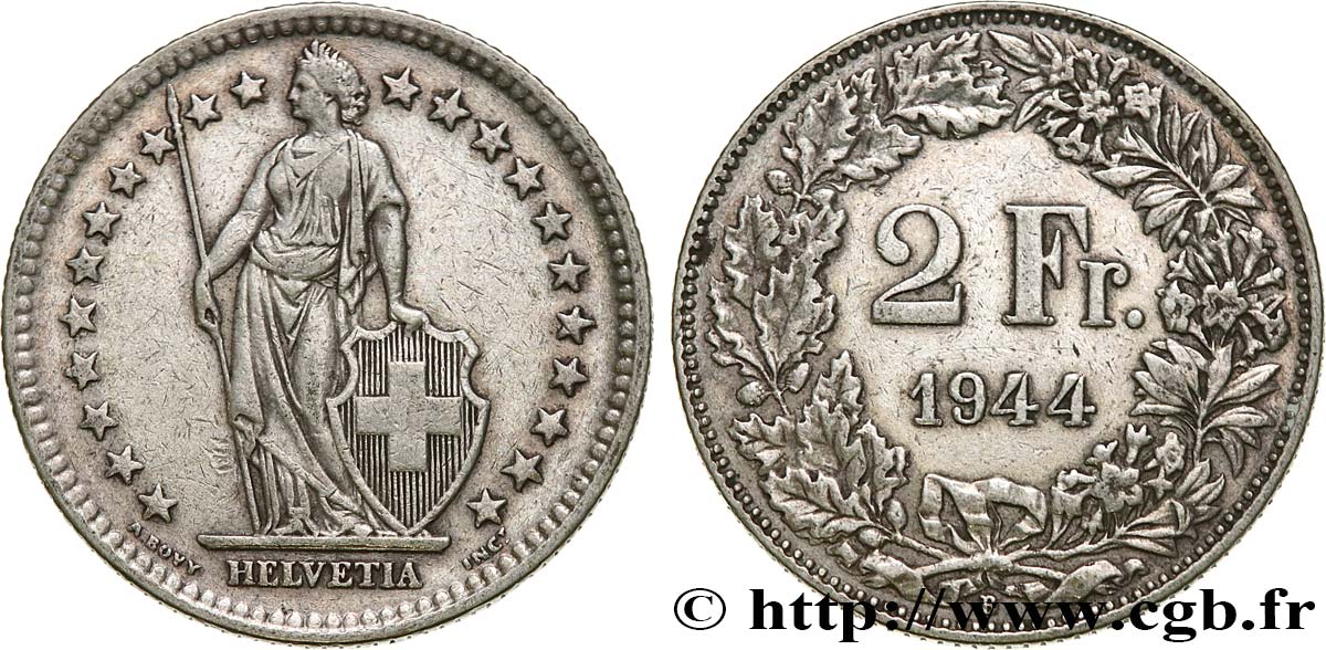 SWITZERLAND 2 Francs Helvetia 1944 Berne XF 