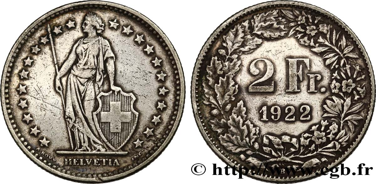 SUISSE 2 Francs Helvetia 1922 Berne - B TTB 