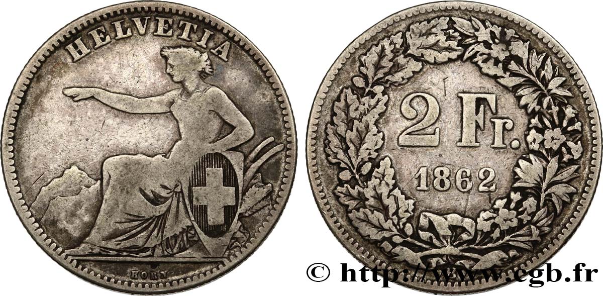 SWITZERLAND 2 Francs Helvetia 1862 Berne VF 