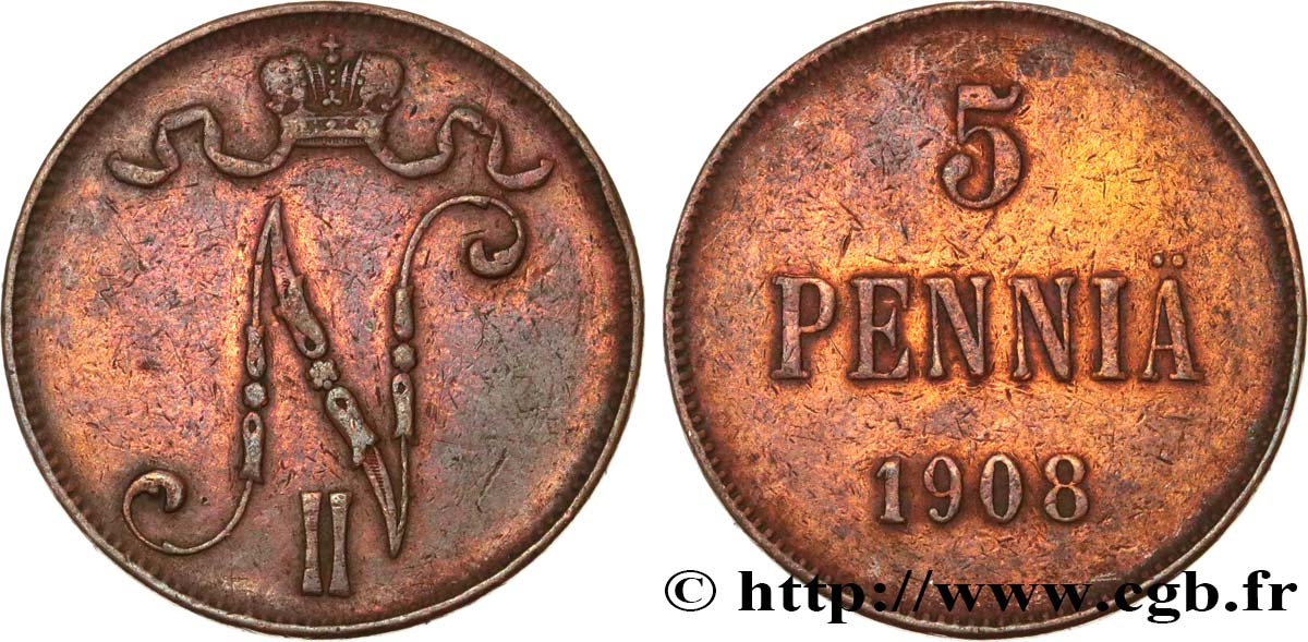 FINNLAND 5 Pennia monogramme Tsar Nicolas II 1908  SS 