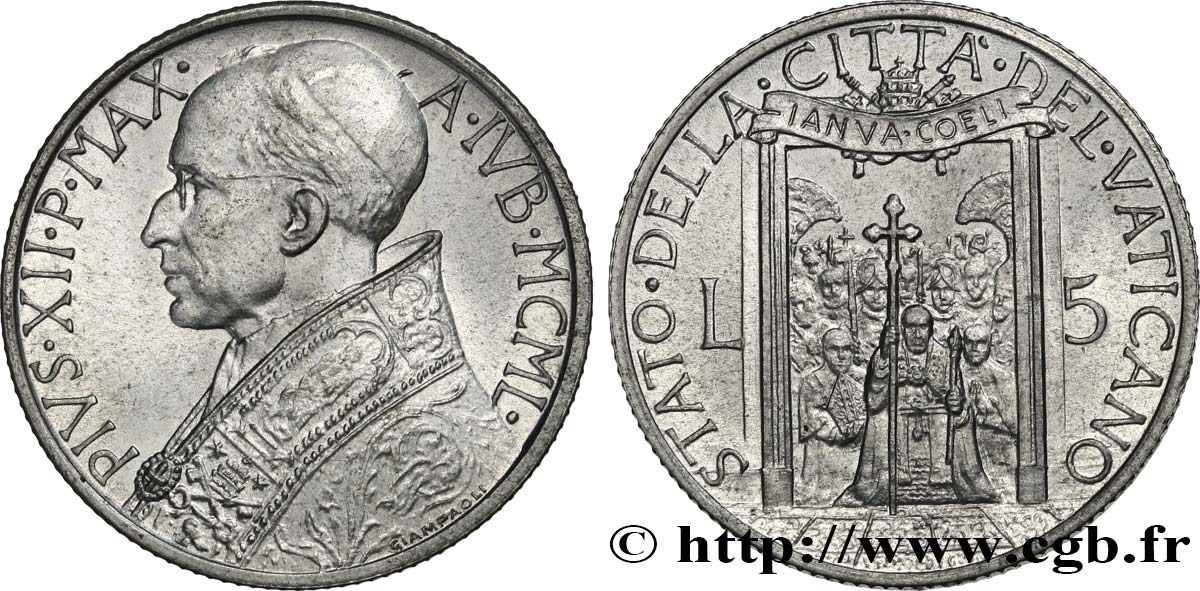VATICAN AND PAPAL STATES 5 Lire Pie XII Année Sainte 1950 Rome AU 