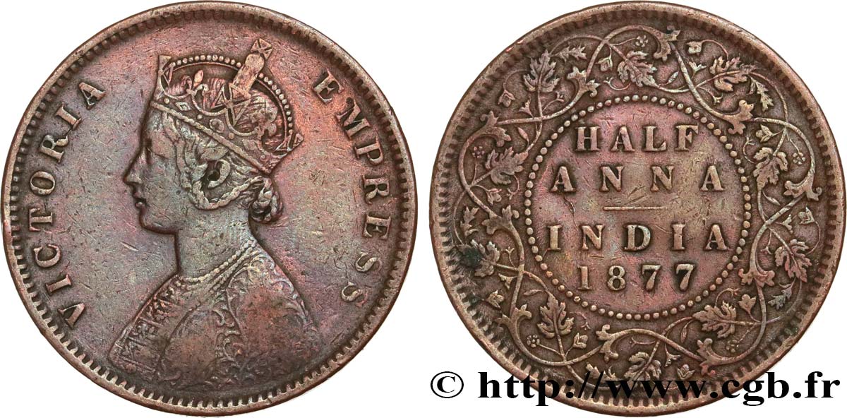 BRITISH INDIA 1/2 Anna Victoria 1877 Bombay VF/AU 