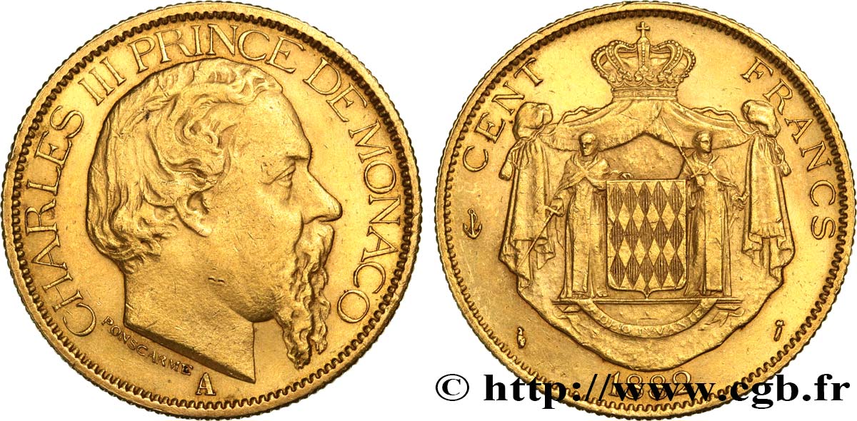 MONACO 100 Francs Charles III 1882 Paris VZ 