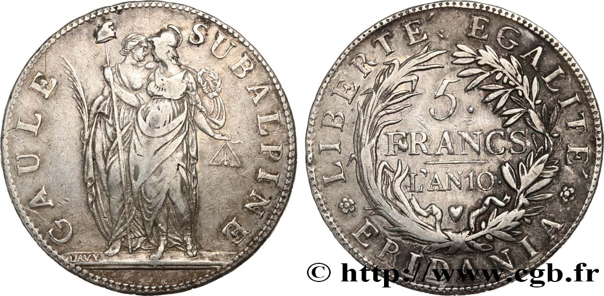 ITALIE - GAULE SUBALPINE 5 Francs an 10 1802 Turin TB+ 