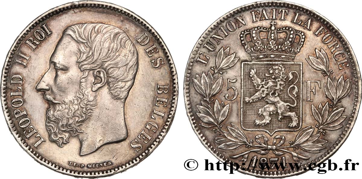 BELGIO 5 Francs Léopold II 1871  SPL 