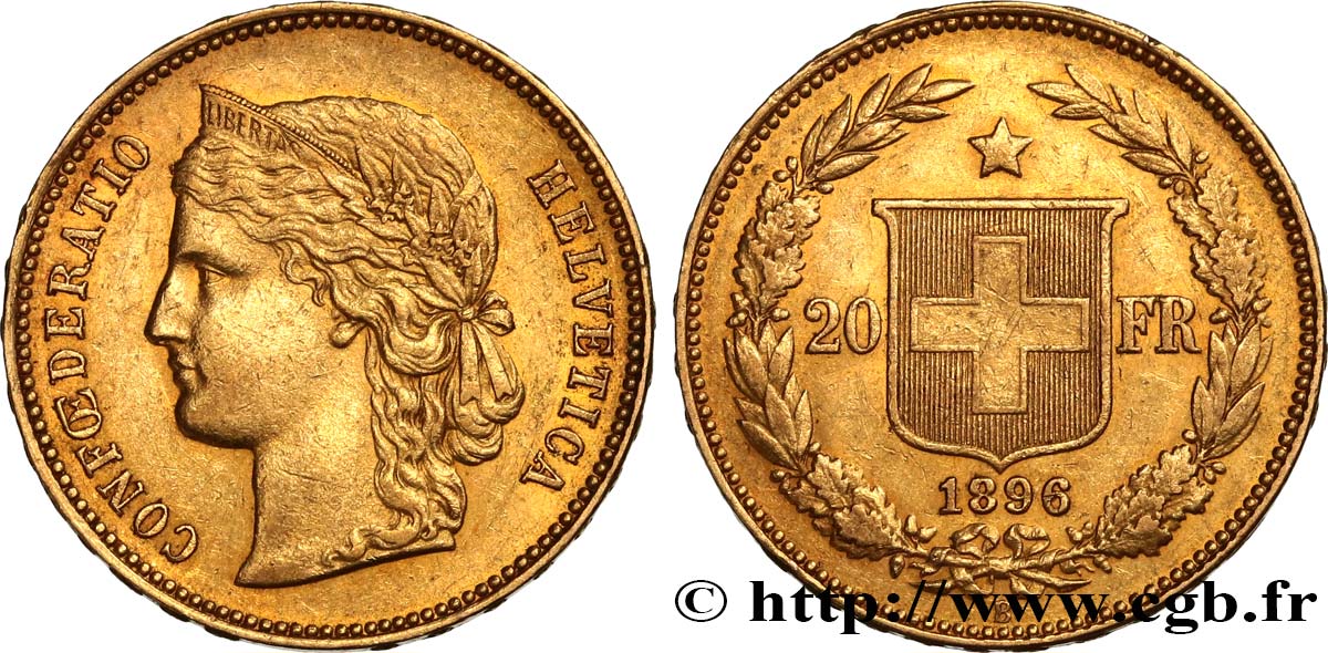 SCHWEIZ 20 Francs Helvetia 1896 Berne fVZ 