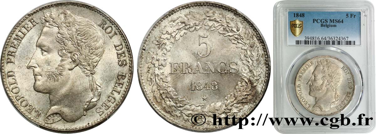 BELGIQUE - ROYAUME DE BELGIQUE - LÉOPOLD Ier 5 Francs tête laurée 1848 Bruxelles MS64 PCGS