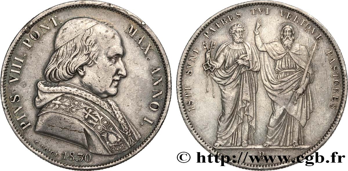 ITALY - PAPAL STATES - PIUS VIII (Francesco Castiglioni) Scudo 1830 Bologne VF/XF 