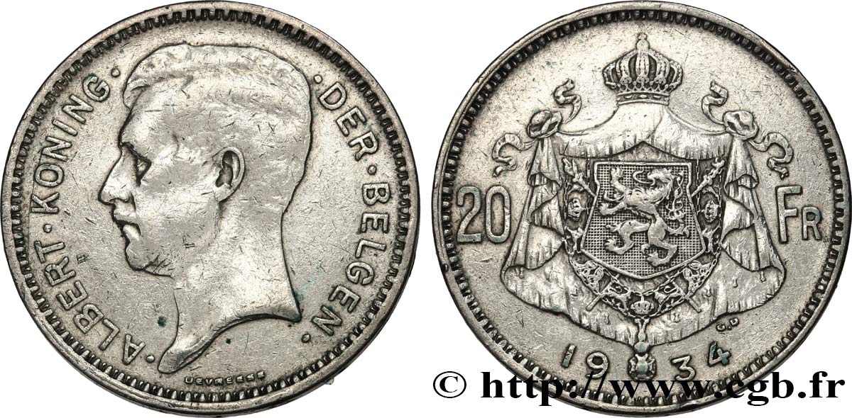 BÉLGICA 20 Franken (Francs) Albert Ier légende Flamande position A 1934  BC+ 